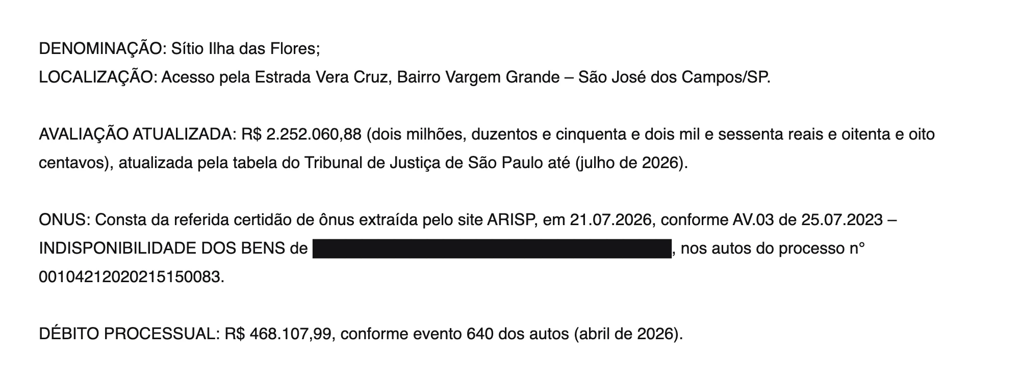Trecho da ficha oficial do leilão com denominação, localização, avaliação atualizada, ônus e débito processual do lote.
